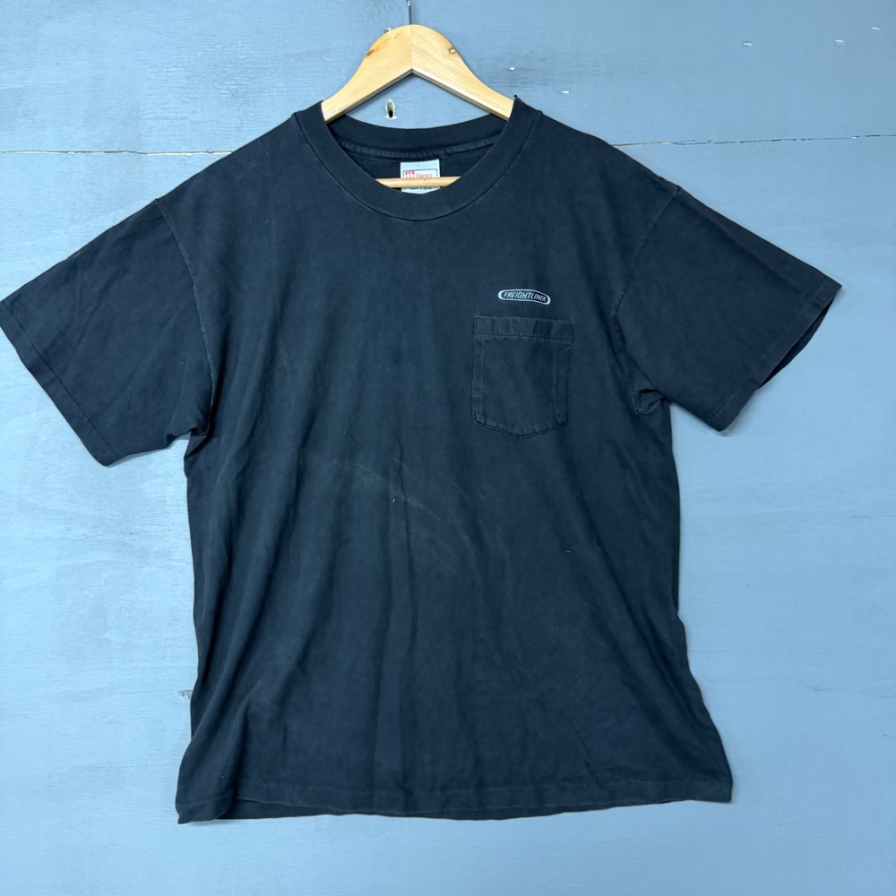 Vintage Hanes Beefy-T Freightliner Truck Graphic Pocket T-Shirt Black Mens L - Picture 2 of 4